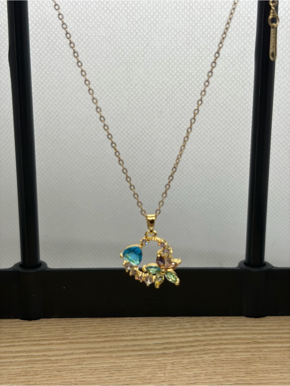 Gold-Tone Multicolor Flower & Teardrop Pendant Necklace - Blue, Pink, Green - Picture 3 of 4